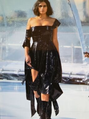 Alexander McQueen Black Asymmetrical Off-Shoulder Sequin Dress